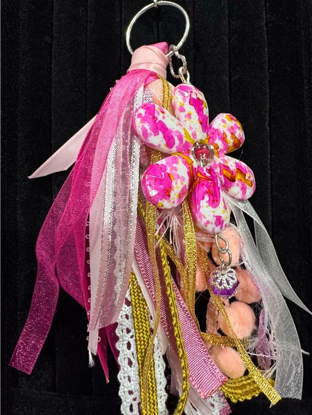 Pink Floral Tassel Keychain Bag Charm